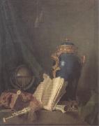 Henri-Horace Roland de La Porte Still Life with a Vase of Lapis a Globe and Bagpipes (san 05) oil on canvas